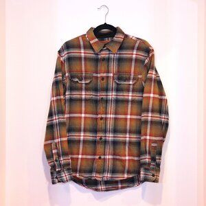 Orvis Men’s Spread Collar Plaid Flannel Orange Black Shirt Size Small